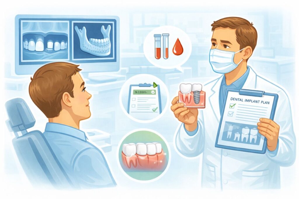 evaluates candidacy for dental implants